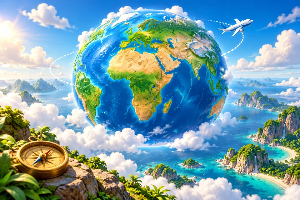 Ilustração de um globo cercado por paisagens e aventuras